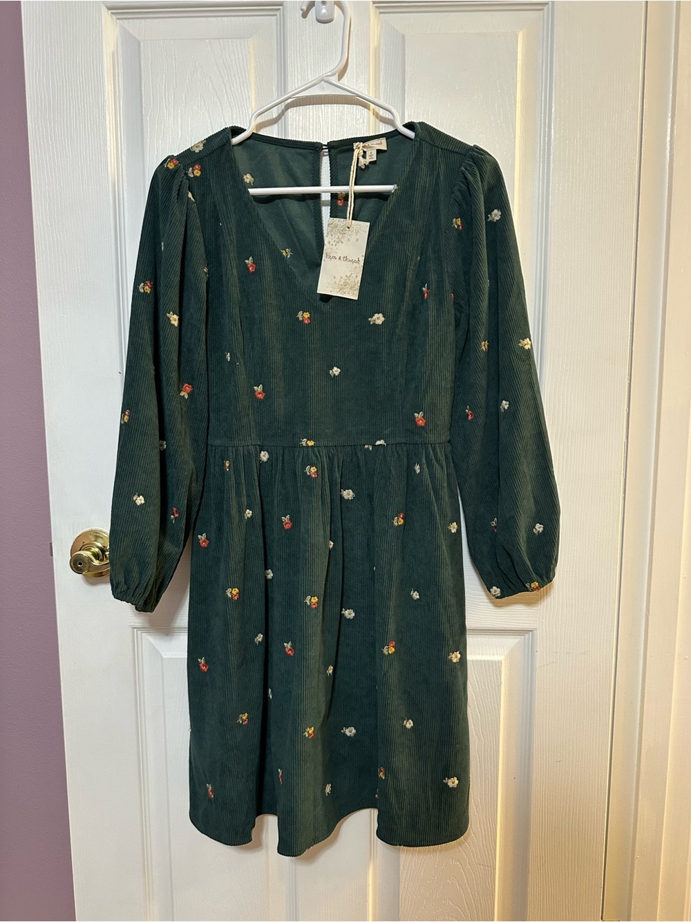 Hem & Thread Small NWT Dark Green Floral Corduroy Dress